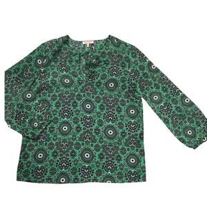 Juicy Couture Blouse Long Sleeve Green Tie Neck Top Kaleidoscope Geometric Print